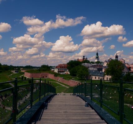 brown wooden bridge over green grass field under blue sky and white clouds during daytime